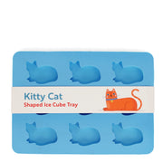 Front view of blue cat-shaped silicone ice tray with packaging.