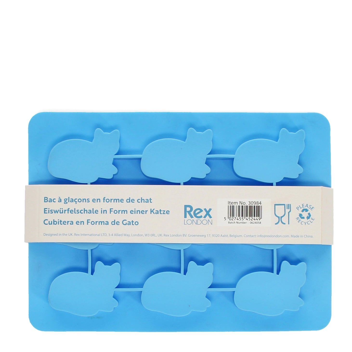 Back view of kitty cat ice cube tray showing product barcode and multilingual text.