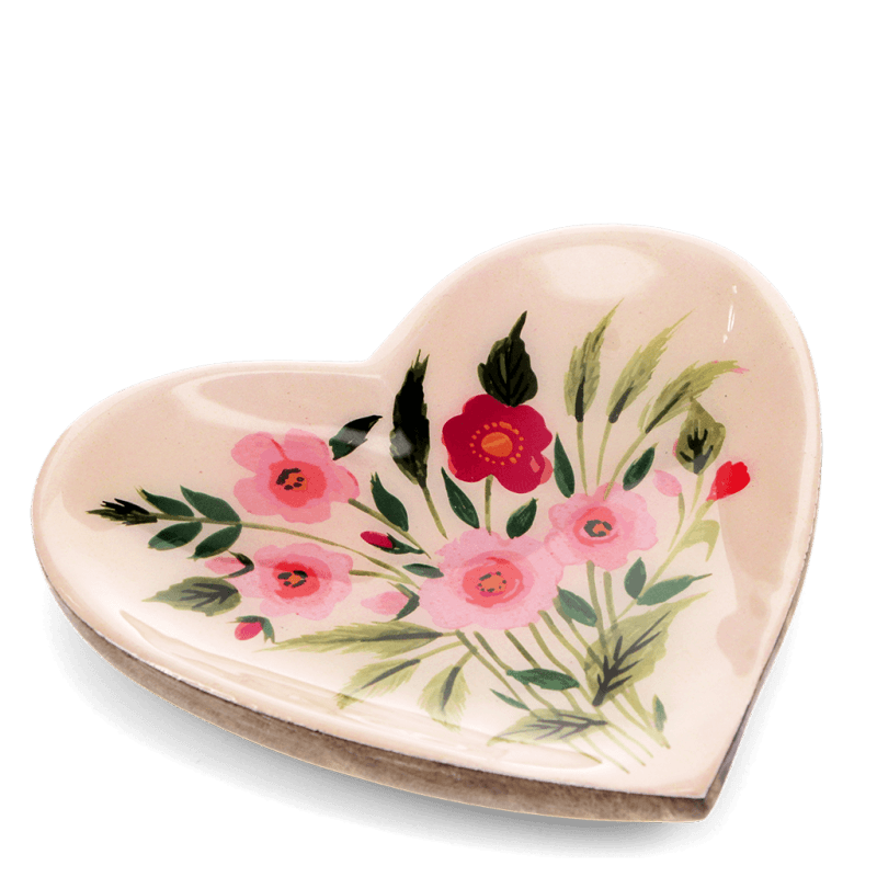 Close-up of pink floral heart-shaped mango wood dish, perfect for rings or keys.