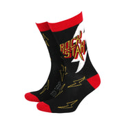 Rock Star men’s bamboo socks with black base, red heels and cuffs, white lightning bolt and bold yellow “Rock Star” text – sustainable bamboo socks by Sock Therapy.