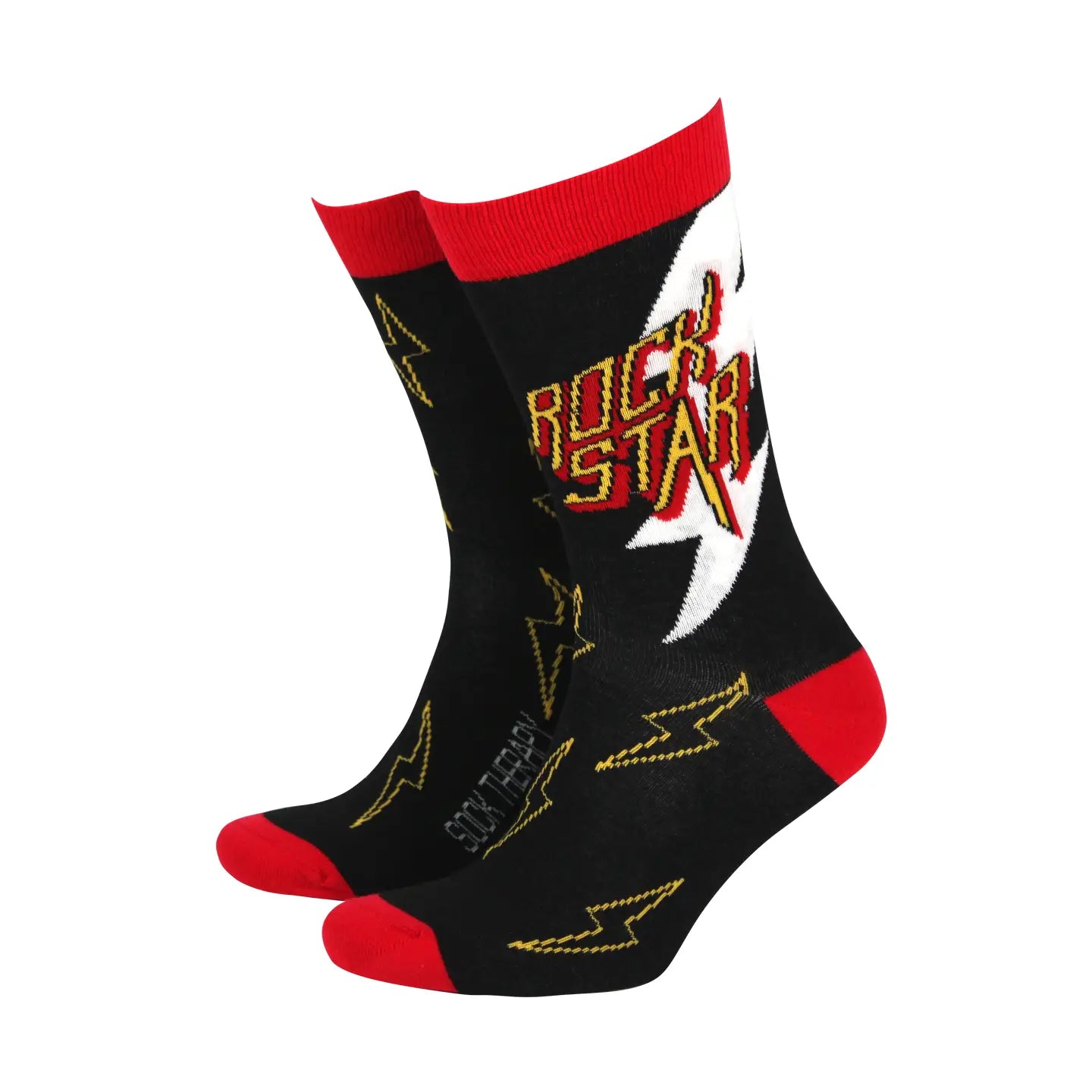 Rock Star men’s bamboo socks with black base, red heels and cuffs, white lightning bolt and bold yellow “Rock Star” text – sustainable bamboo socks by Sock Therapy.
