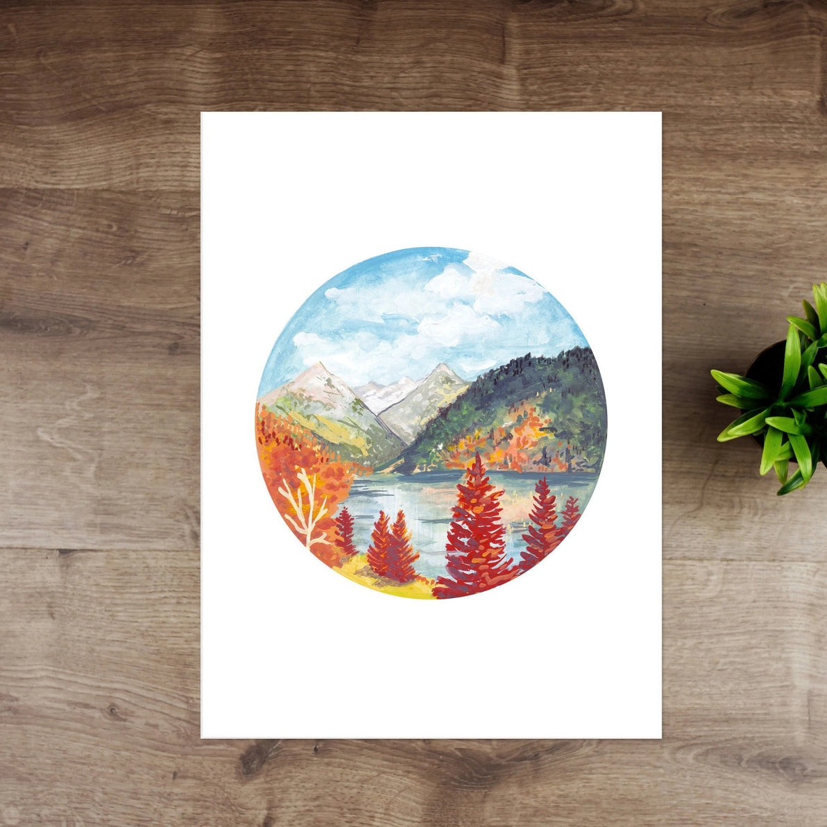 Rocky Mountains in fall art print with lake, forest and snow-capped peaks.