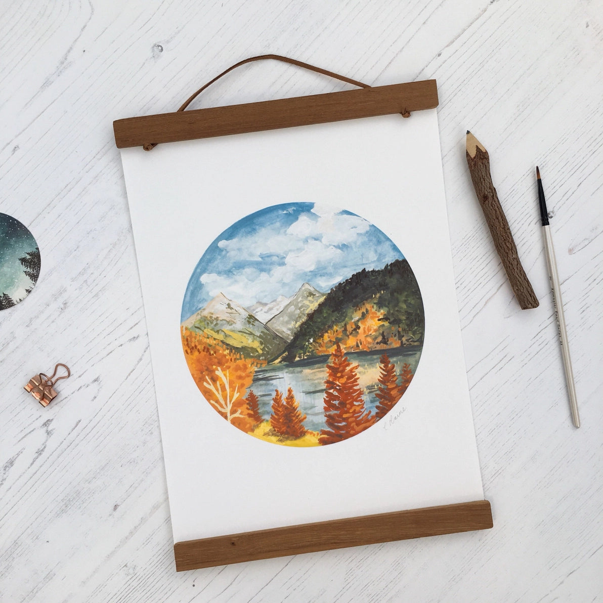 Autumn Rocky Mountains gouache painting reproduction in A4 size.