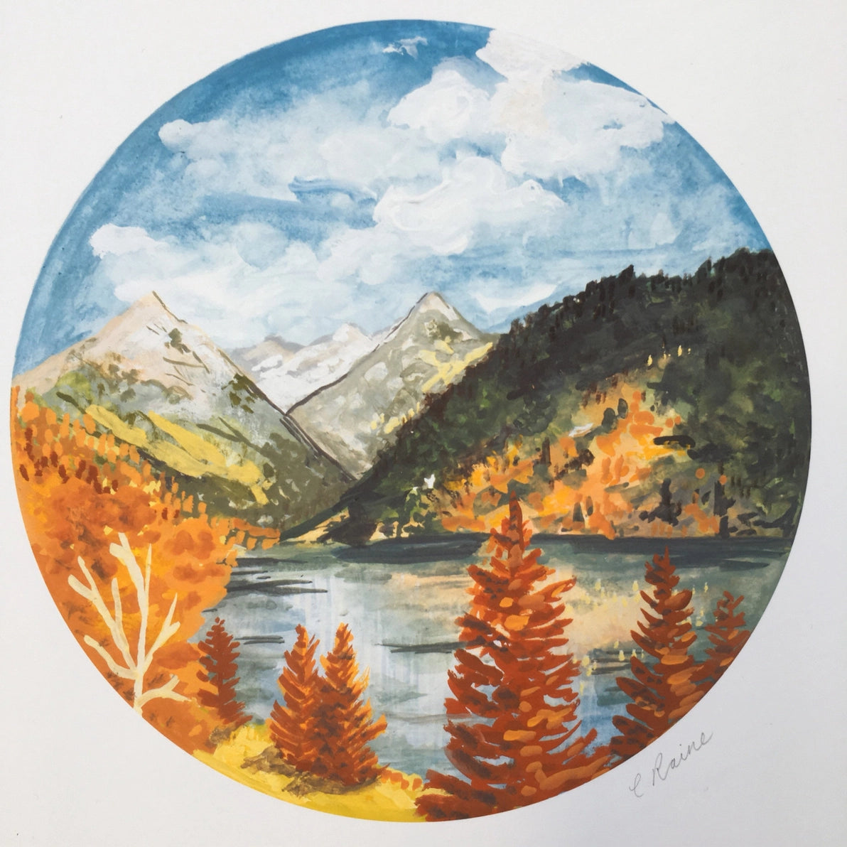 Detailed autumnal mountain landscape art print with vibrant trees.