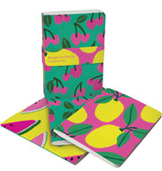 Colourful Cute Fruit A6 softback notebook set with cherry, lemon, and watermelon designs, featuring stitched spines and FSC-certified paper.