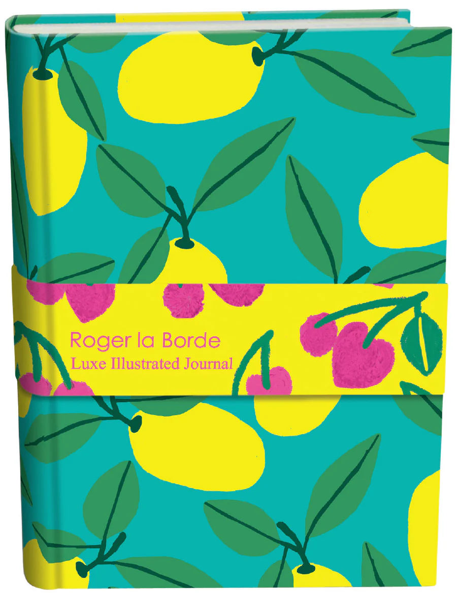 Close-up of the Cute Fruit Journal showing the front cover design with vibrant lemons and green leaves, wrapped in a bright cherry-themed band with the text “Roger la Borde Luxe Illustrated Journal.”
