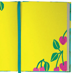 Bright yellow double-page spread from the Cute Fruit Journal featuring pink illustrated cherries in the corners, paired with a bold blue ribbon bookmark down the centre.