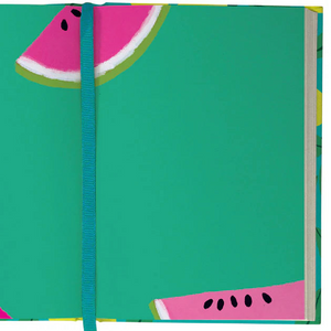 Vibrant green pages of the Cute Fruit Journal decorated with large, juicy watermelon illustrations and a turquoise ribbon marker down the centre.