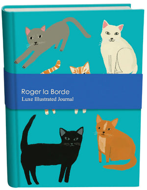 Close-up of the Pretty Paws Illustrated Journal cover, showcasing whimsical cat illustrations by Anne Bentley on a teal background.