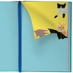 Inner front cover of the Pretty Paws Journal with a blue background, orange cat illustration, and colourful peek-through corner with multiple cat illustrations.