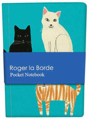 Front view of Pretty Paws Pocket Notebook featuring three illustrated cats on a teal textured cover, with a blue Roger la Borde bellyband.