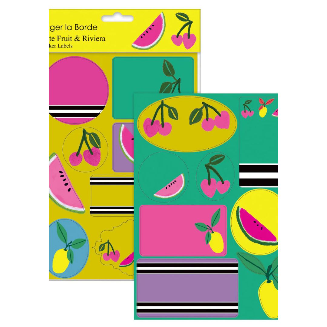 Roger la Borde Riviera Sticker Label Sheets set featuring colourful fruit illustrations of cherries, lemons, and watermelon on assorted backgrounds, shown in retail packaging.