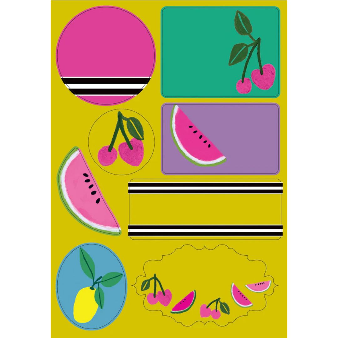 Riviera fruit-themed sticker sheet with vibrant pink, yellow, and purple labels adorned with cherries, lemons, watermelons, and black-and-white stripes.