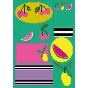 Second sticker label sheet from the Riviera set featuring green and yellow backgrounds, bold fruit illustrations, and assorted shapes and label sizes.