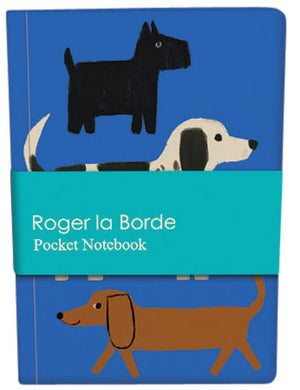 Front view of Roger la Borde Shaggy Paws Pocket Notebook with blue cover and illustrated Scottie, Dalmatian, and Dachshund dogs, wrapped in a turquoise bellyband.