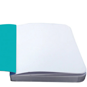 Open Shaggy Paws Pocket Notebook displaying blank white pages and solid turquoise inner cover, ideal for notes or sketches.