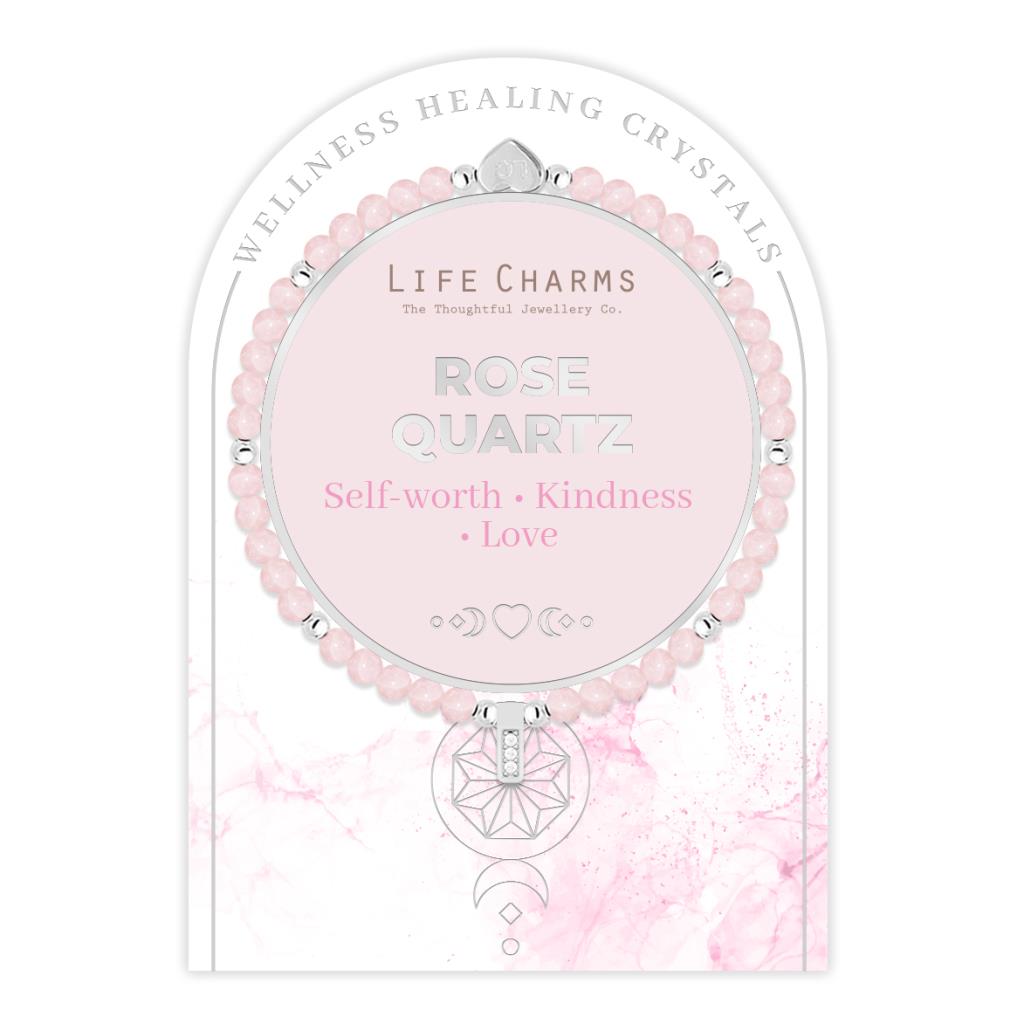 Rose Quartz Silver Beads Healing Crystal Bracelet in Packaging – Beautiful rose quartz bracelet with silver beads, presented in a thoughtful gift box.