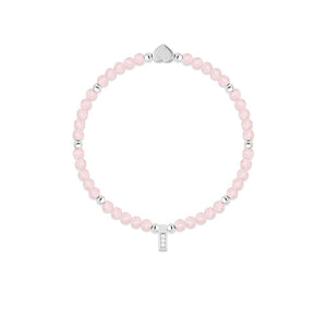 Close-up of Rose Quartz Silver Beaded Bracelet – Soft pink rose quartz bracelet with silver beads and charm, promoting self-love and kindness.