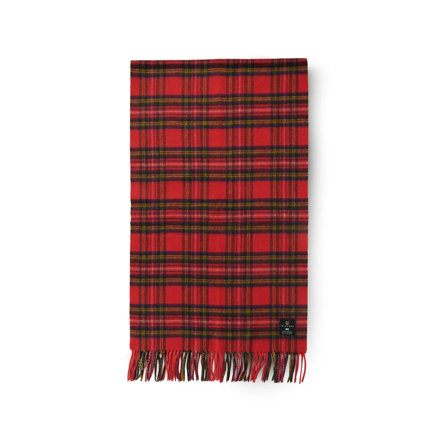Royal Stewart tartan lambswool scarf in red, green, and yellow check pattern with soft fringe edges, neatly folded on a white background.