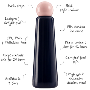Tall indigo Skittle water bottle with light pink round cap, modern reusable design photographed on plain background.