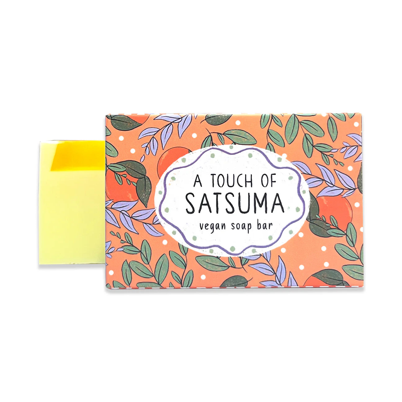 Satsuma Vegan Soap Bar with orange botanical packaging showing the label “A Touch of Satsuma – vegan soap bar” on a bright citrus-themed design.