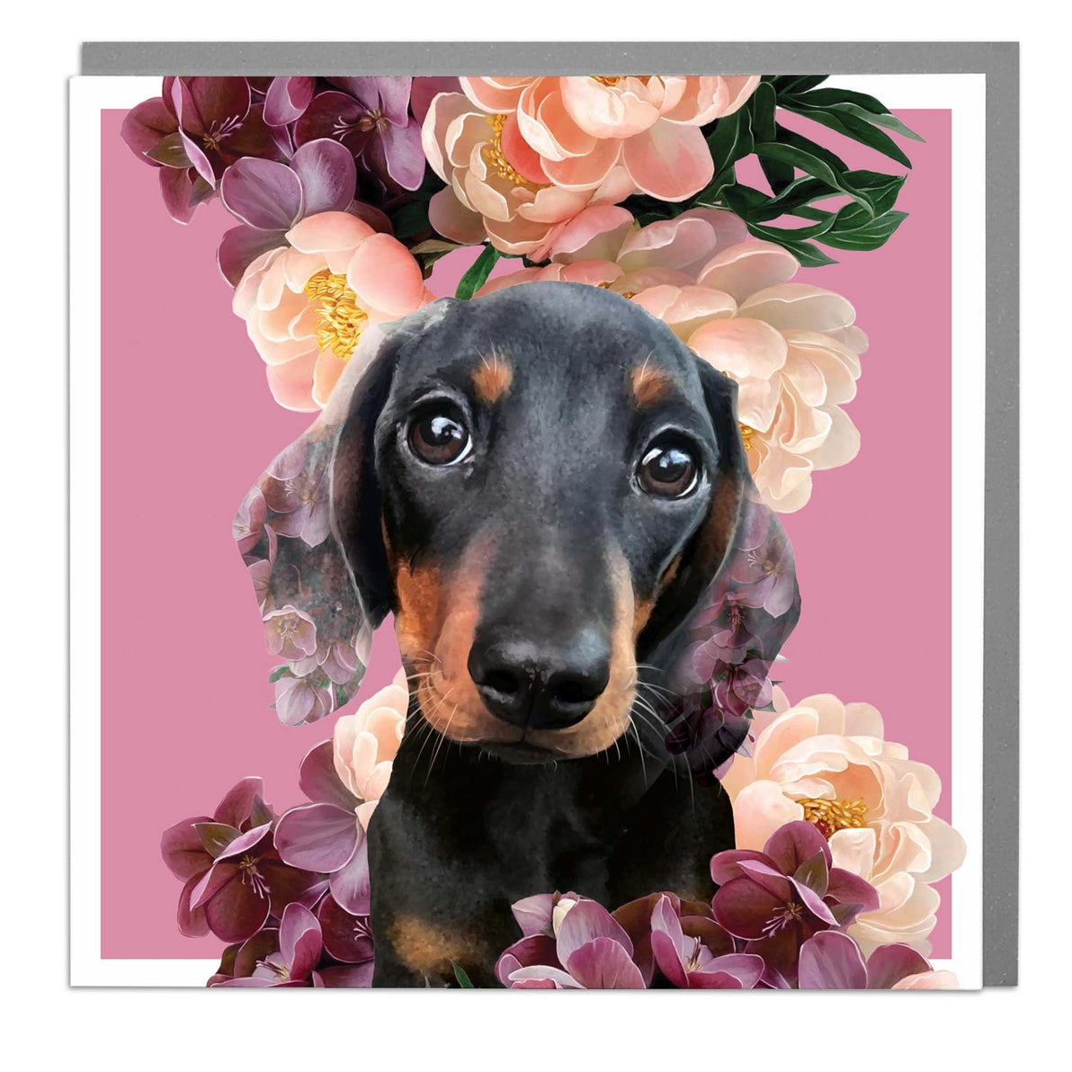 Sausage Dog Blank Art Card with floral design on pink background.
