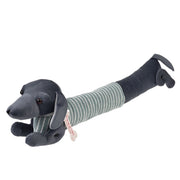 Green Sausage Dog Draught Excluder with striped jumper, designed to block door draughts and keep rooms warm.