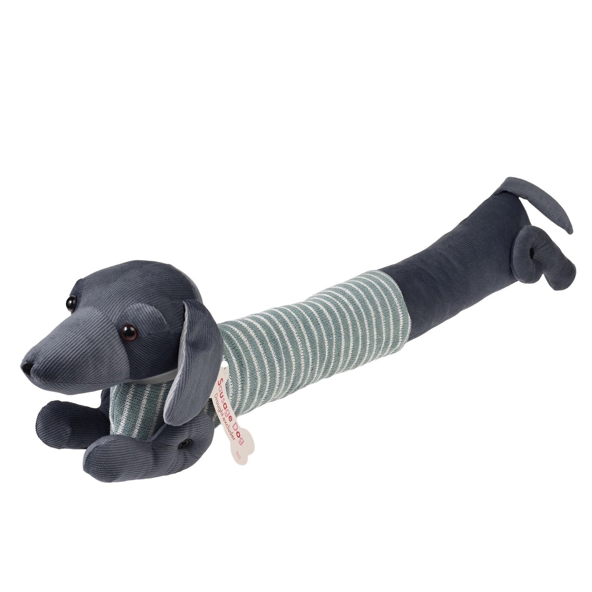 Green Sausage Dog Draught Excluder with striped jumper, designed to block door draughts and keep rooms warm.