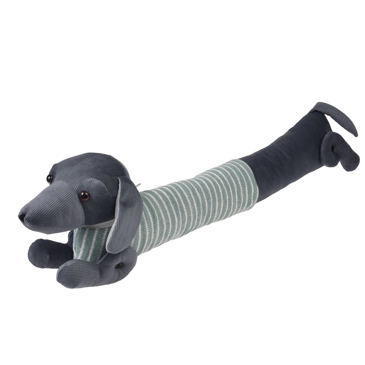 Side view of Sausage Dog Draught Excluder in green jumper, polyester design for blocking cold air under doors.