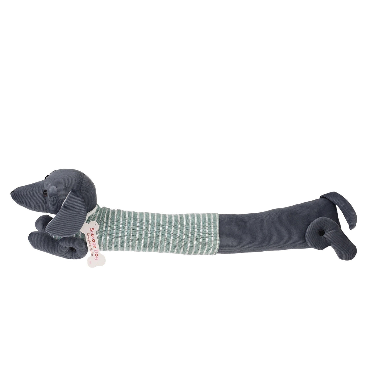 Full-length Sausage Dog Draught Excluder in green and grey, stylish home accessory to keep heat in and draughts out.