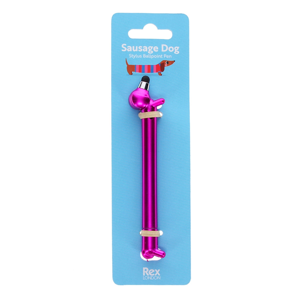 Metallic pink sausage dog shaped pen with stylus in packaging.