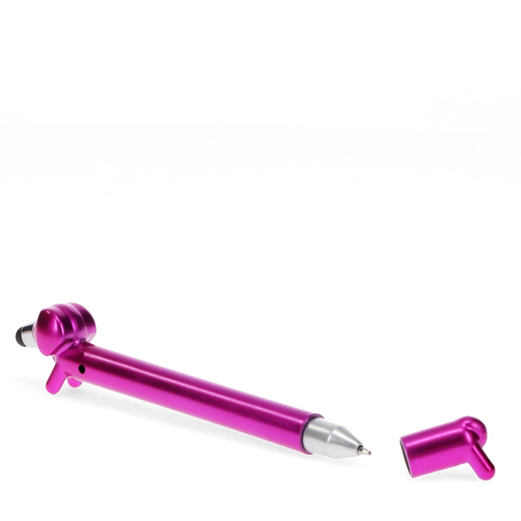 Pink sausage dog shaped pen shown with cap removed, revealing blue ink nib.