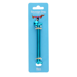 Metallic blue sausage dog-shaped stylus pen on blue Rex London backing card with product name and illustrated dachshund graphic.