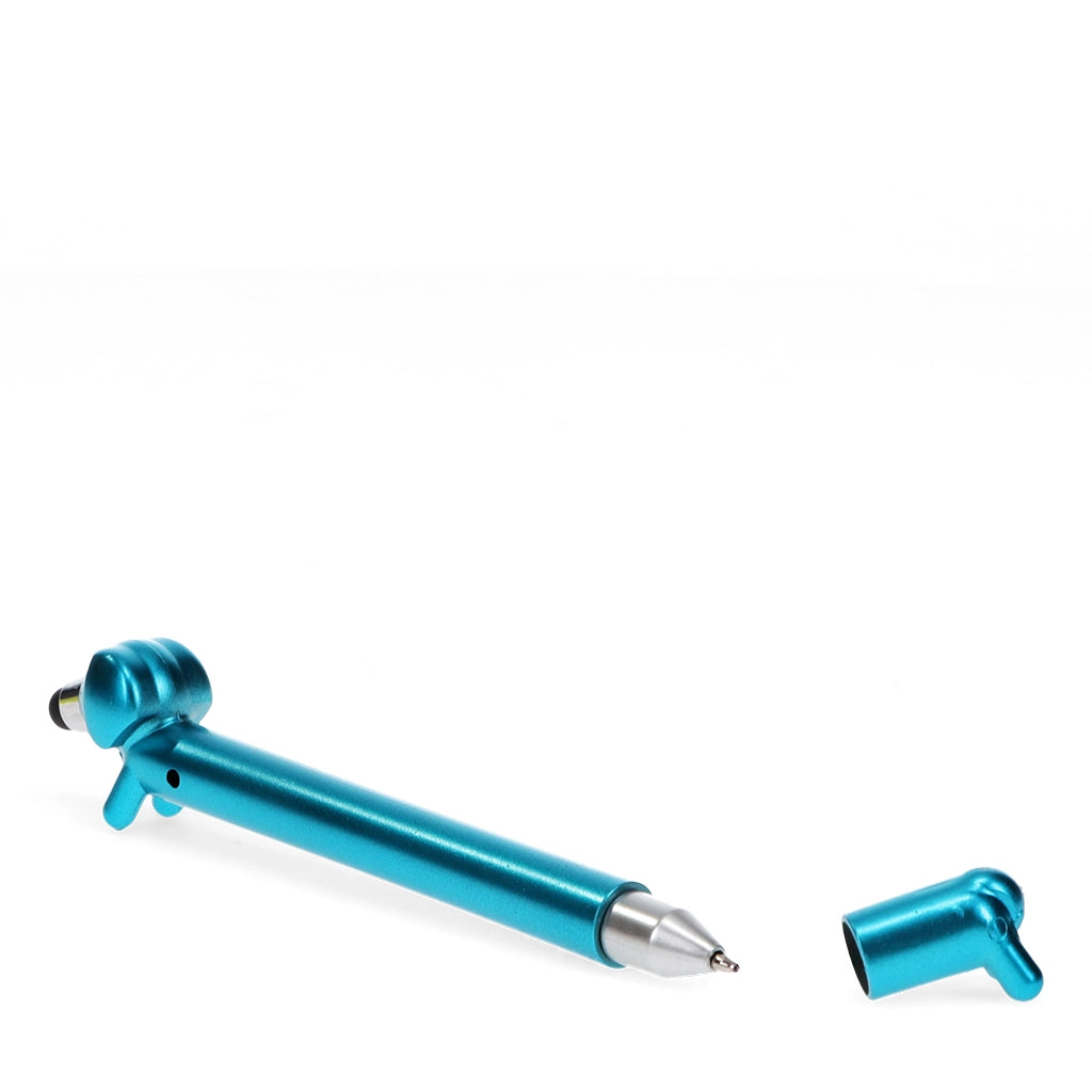 Blue sausage dog pen with the front paw-shaped cap removed, revealing the ballpoint tip and showing the stylus tip on the dog’s nose.