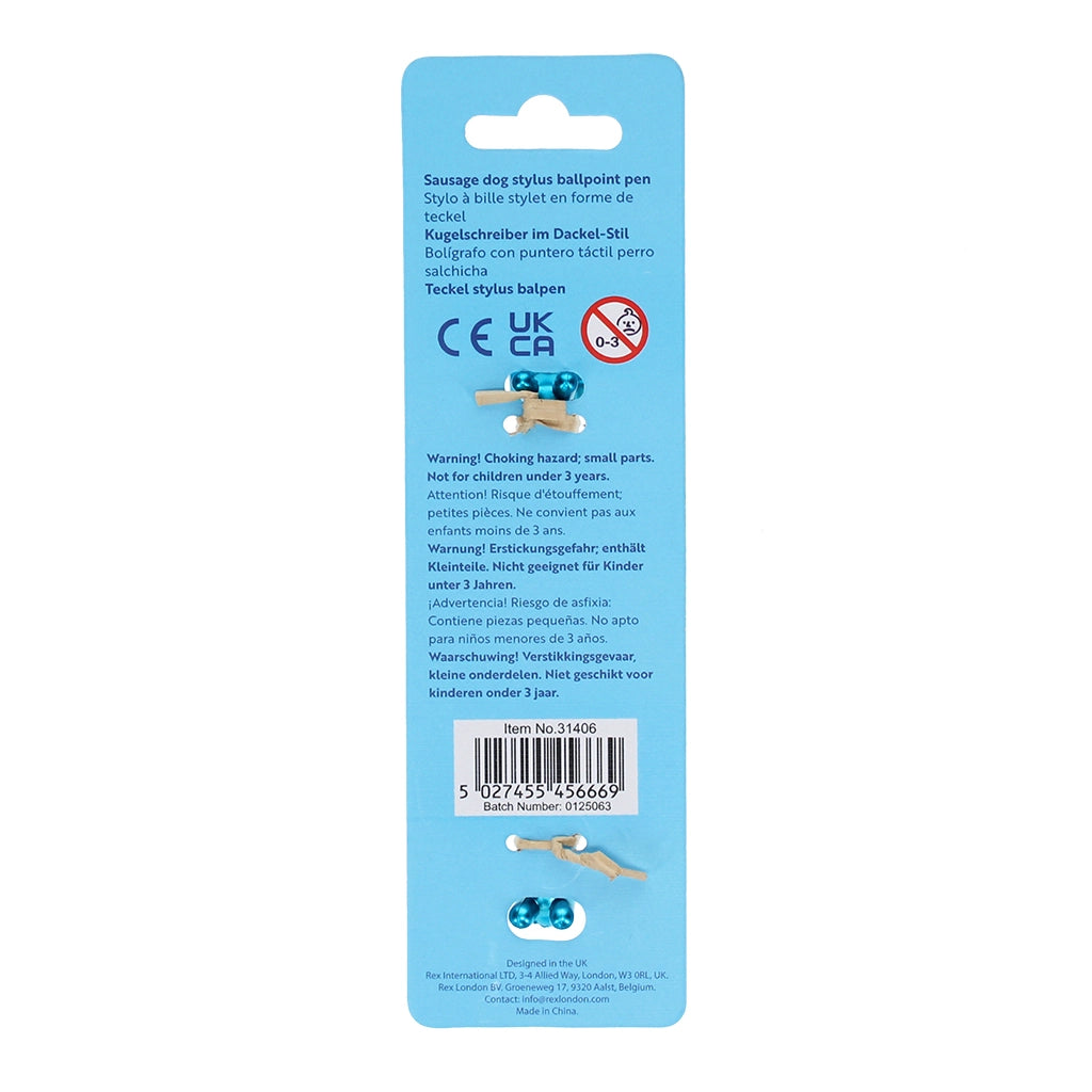 Reverse of sausage dog stylus pen packaging featuring multilingual safety warning, barcode, and small image of pen components.