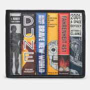 Sci-Fi Bookworm black leather wallet with colourful science fiction book spine applique design.