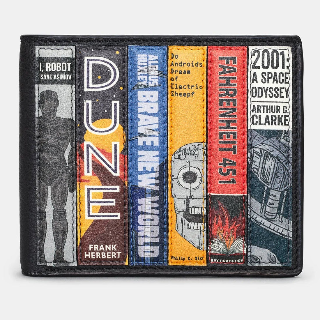 Sci-Fi Bookworm black leather wallet with colourful science fiction book spine applique design.