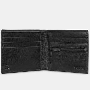 Inside view of black leather wallet with RFID protection, card slots, and zip coin pocket.