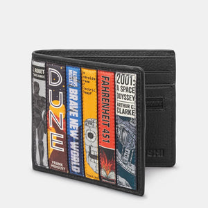 Bi-fold leather wallet with sci-fi book applique front and smooth black leather back.