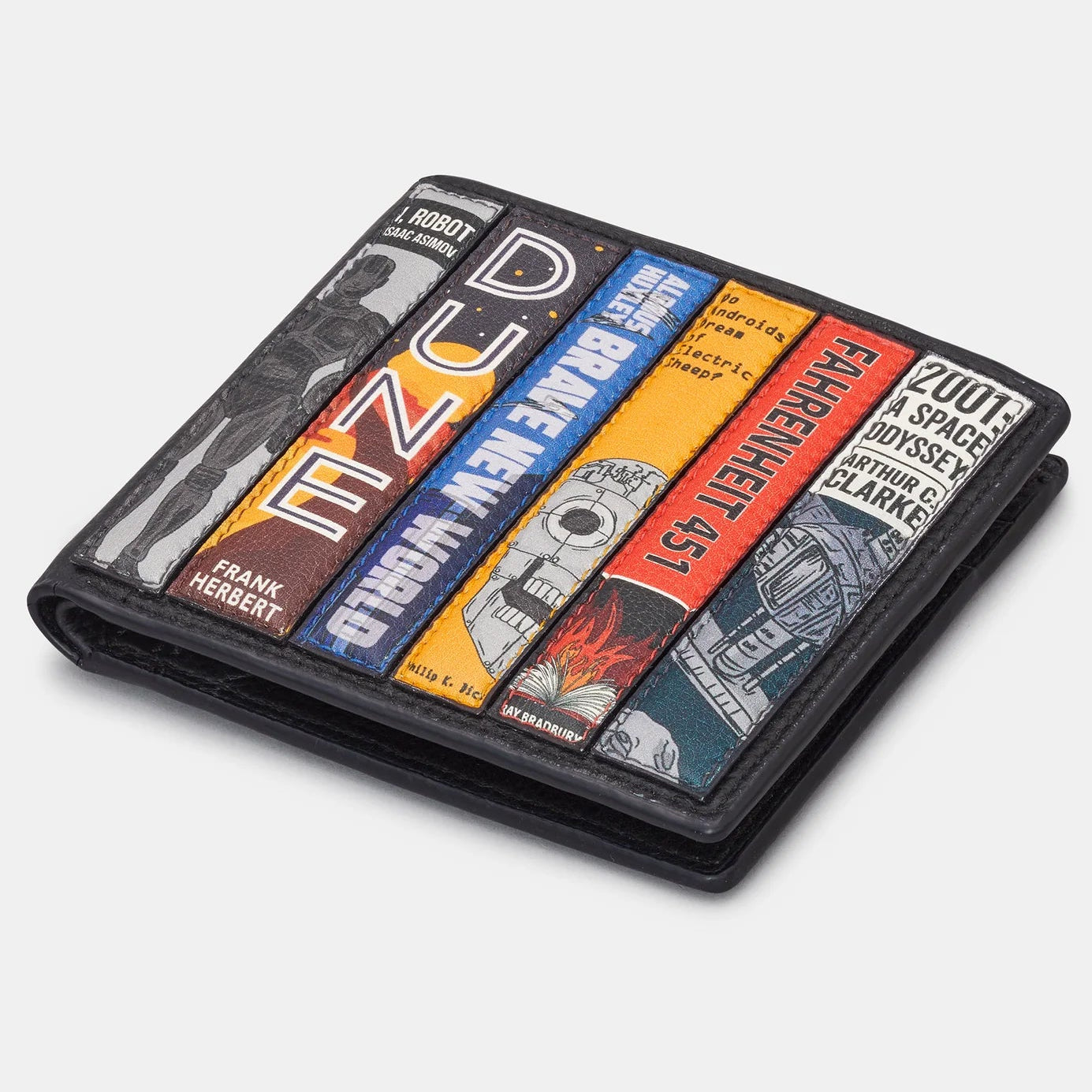 Folded view of black leather RFID wallet with sci-fi book cover design.