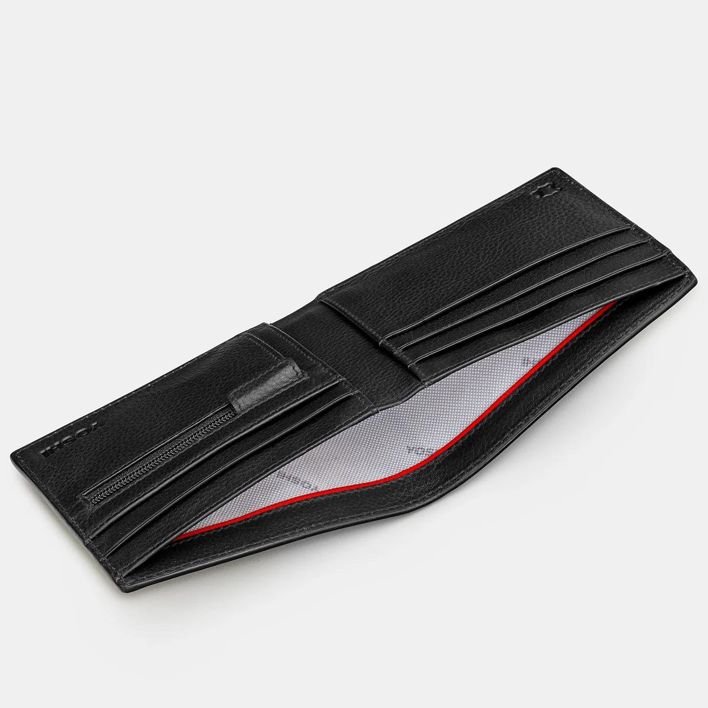 Open black leather wallet showing note section, card slots, and red lining.