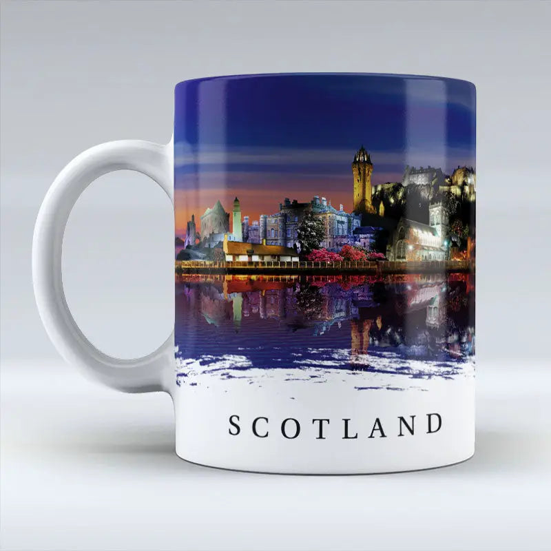 Ceramic mug with illustrated night-time Scotland skyline, featuring city landmarks and reflections on water.