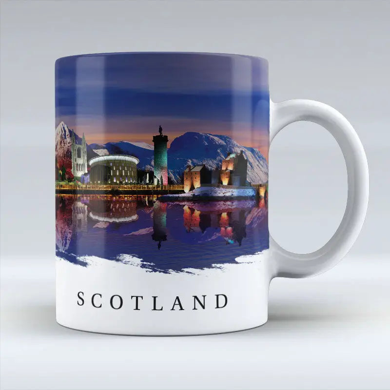 Reverse side of Scotland At Night Mug showing detailed panoramic design with castles, towers, and scenic mountains against a dusk sky.