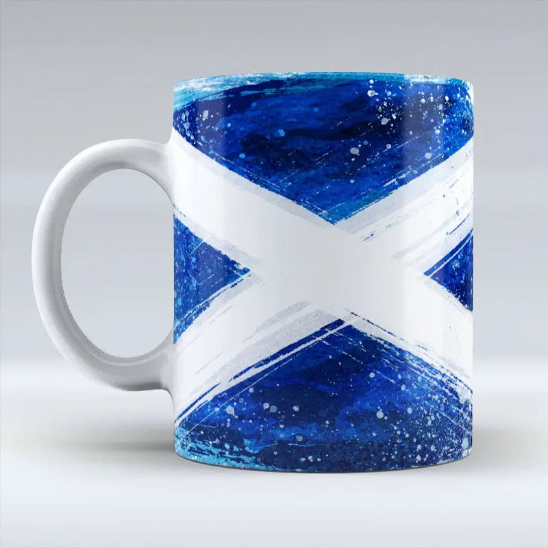 Reverse side of Scottish Flag Mug showing full Saltire design wrapping around ceramic surface.
