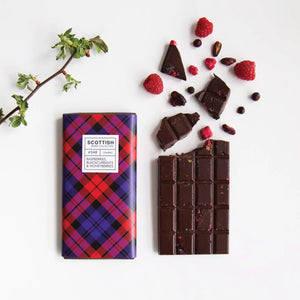 Scottish Berries Dark Chocolate Bar with raspberries, blackcurrants and honeyberries in eco-friendly plastic-free packaging..