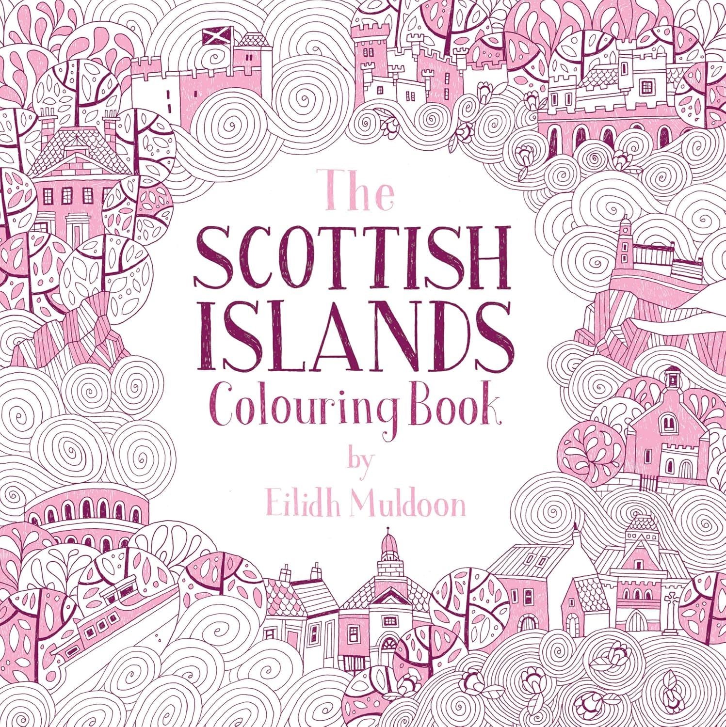 Front cover of the Scottish Islands Colouring Book with vibrant illustrated island scenes.