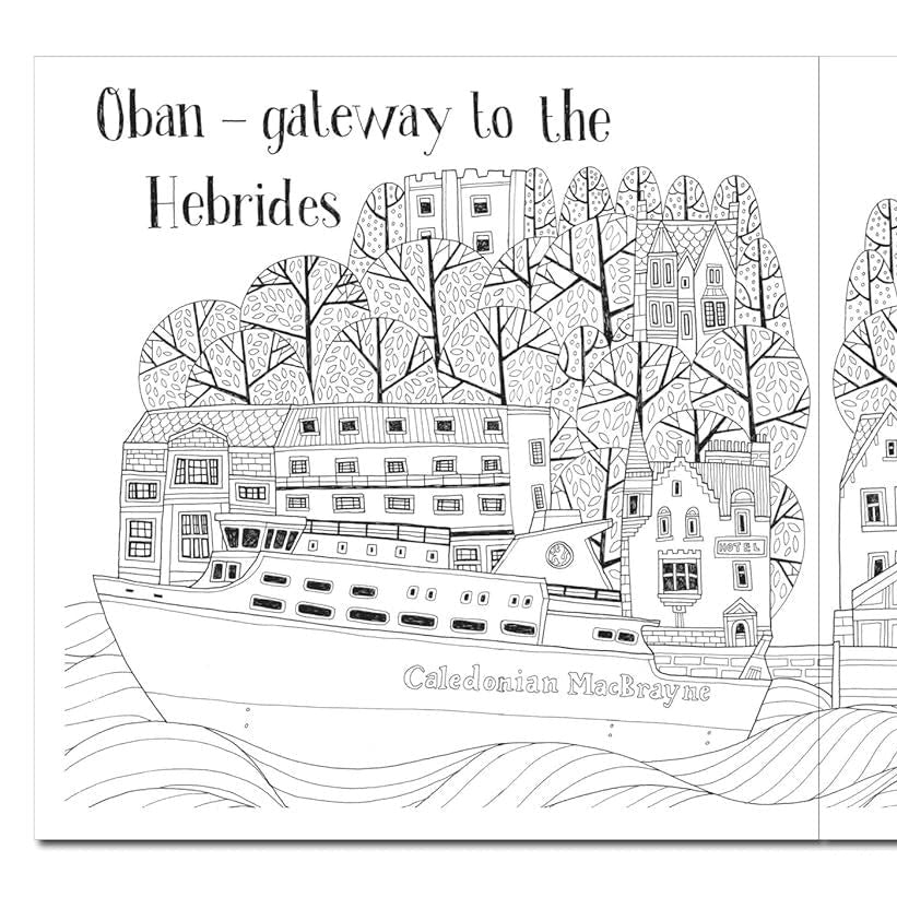 Open spread of Scottish Islands Colouring Book showing detailed line drawings of Scottish landscapes