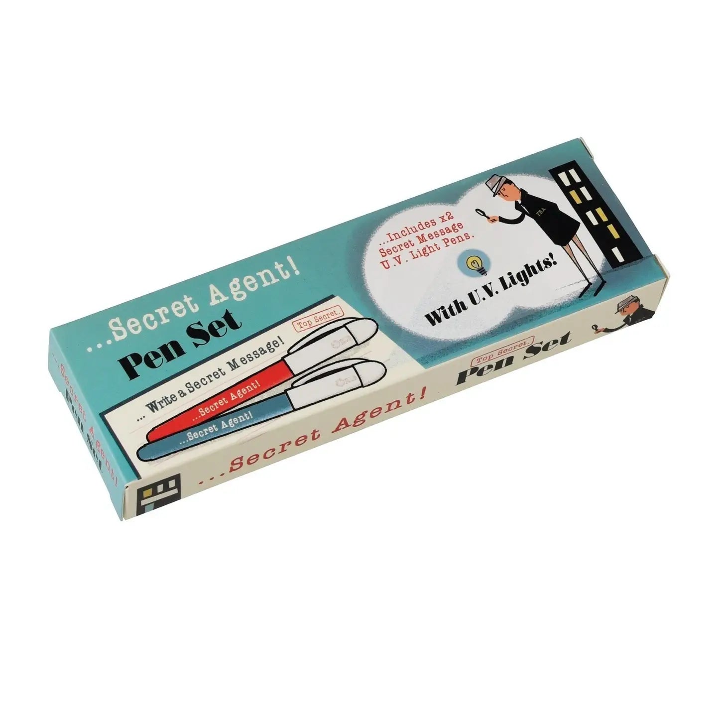 Secret Agent Invisible Ink Spy Pens set in retro packaging.
