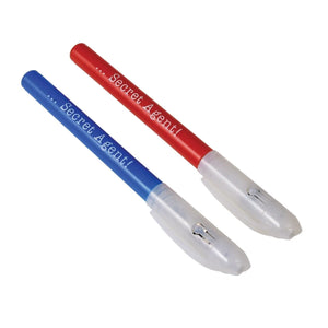 Red and blue Secret Agent Invisible Ink Pens with UV light caps.
