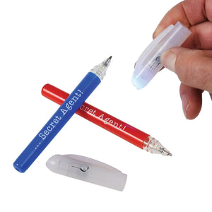 Spy pen with UV light cap revealing invisible ink message.